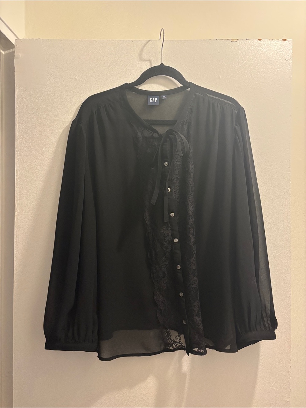 GAP Black Sheer Lace-Trim Tie-Neck Blouse
